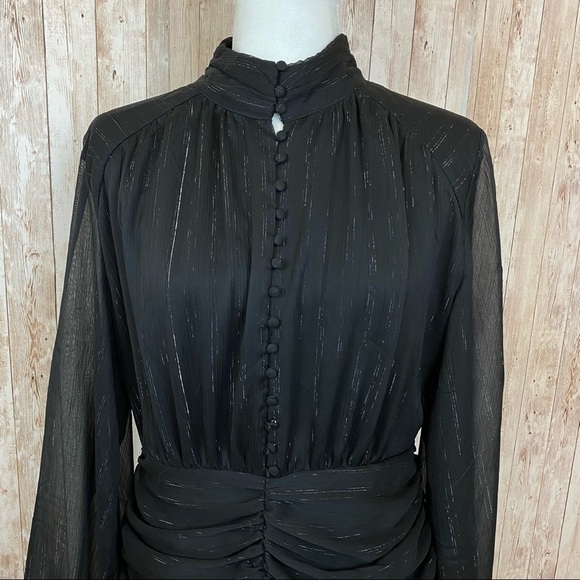 House of Harlow 1960 Long Sleeve Ruched Skirt Button Front Metallic Lurex Dress - Picture 2 of 13